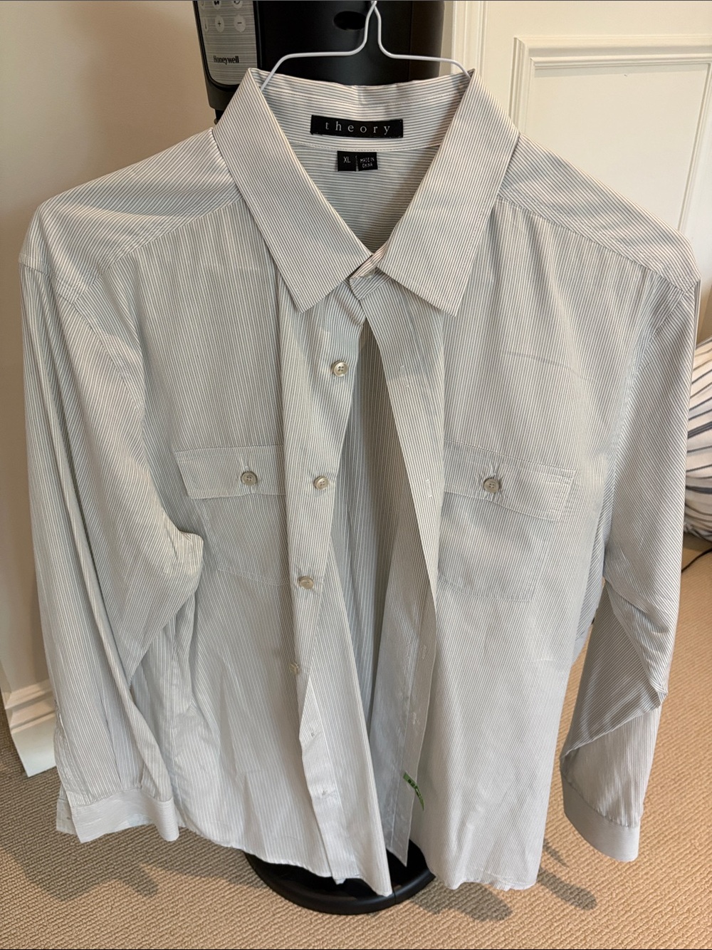 Theory Men's White and Light Blue Pinstripe Button-Down Shirt
